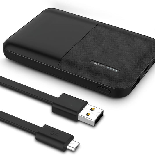 Powerbank 5000mAh, Ultra Mini Portatil Batería Portátil con Cable,2 USB 2.1A Cargador Portátil Banco de Energia Compatible para IP Samsung（Negro）