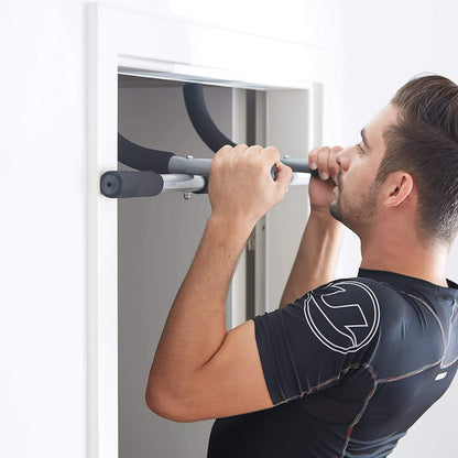 Barra de dominadas o flexiones, empuñaduras acolchadas para un agarre seguro al realizar cualquier ejercicio, estructura robusta y resistente, fortalece la musculatura, barra dominadas, barra flexiones